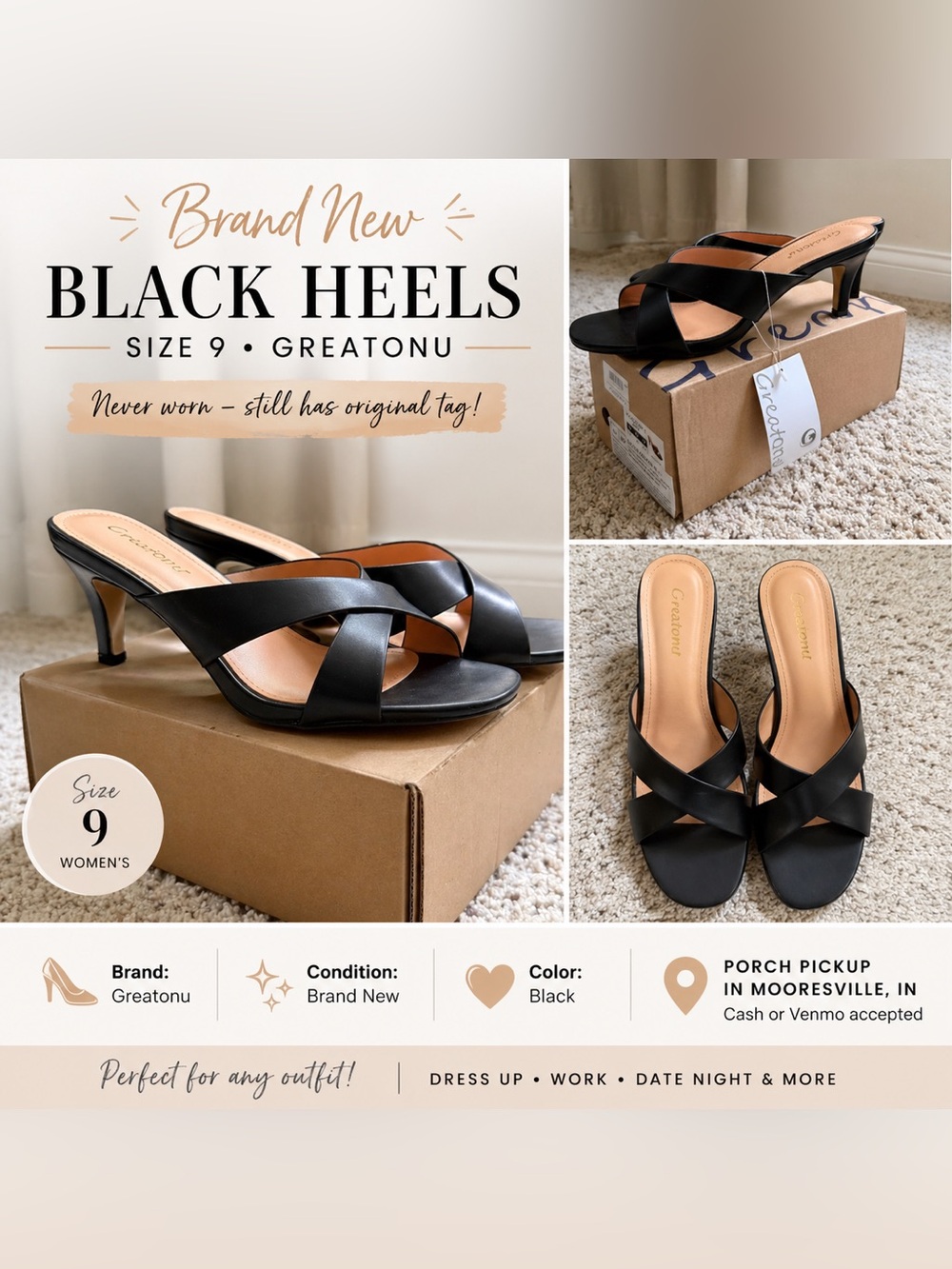 Greatonu Black Crossover Slide Heels
